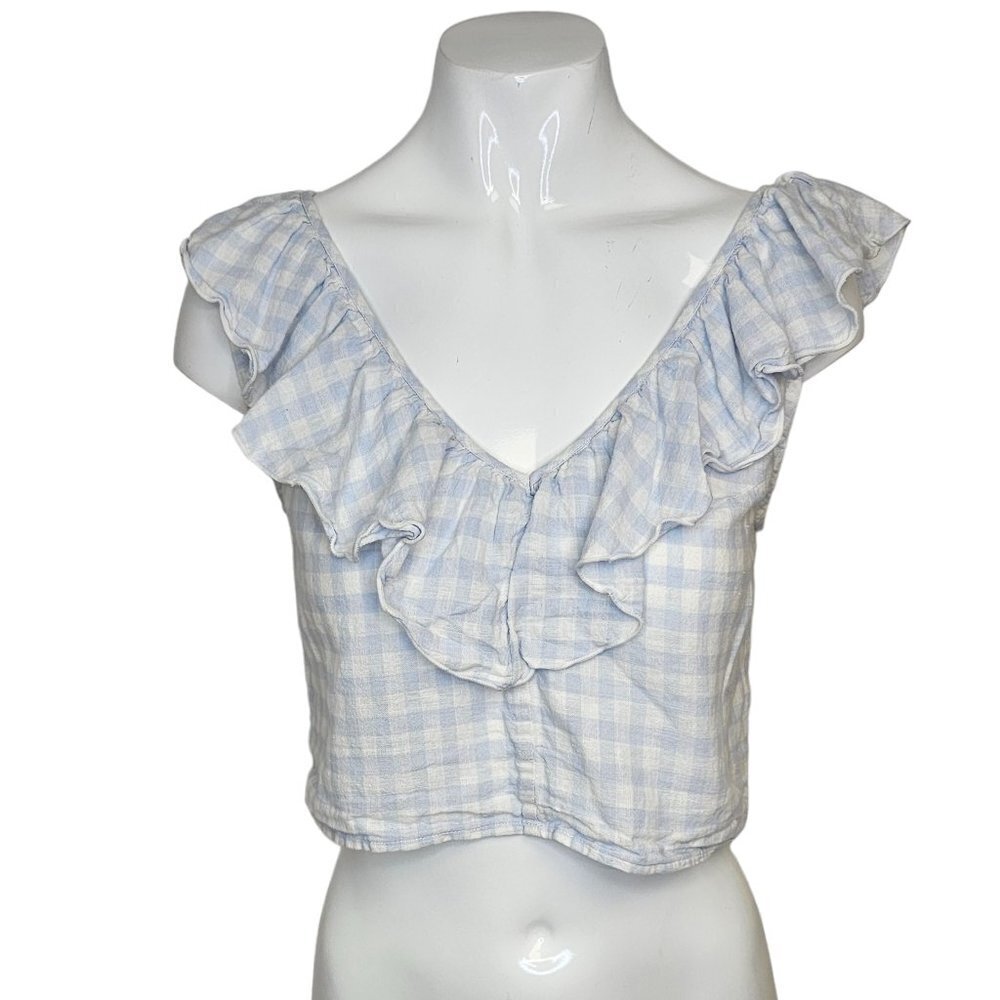 Aritzia Sunday Best Calliope Blouse Ruffle Gingham Linen Blend Size XXS